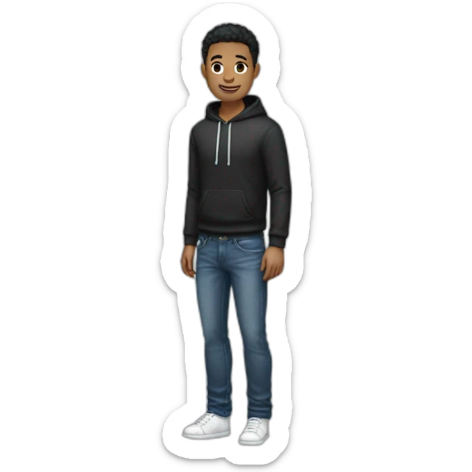 white gay man with black short hair, with jeans and a hoddie sticker