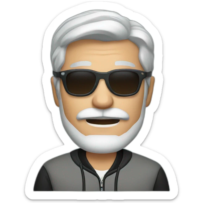 gray-haired man with a beard and mustache in sunglasses wearing a baseball jacket in a sports jacket sticker