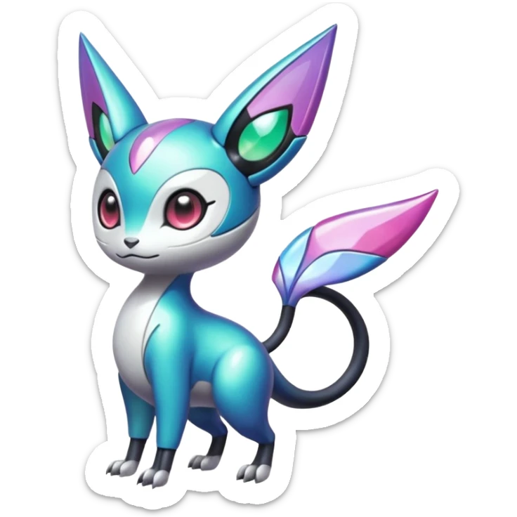 Shiny Colorful glowing glossy smooth soft silky Futuristic Cyber-Vernid-Trico-Meloetta-Latias-Koraidon-Peppercat-Protogen-Pokémon-Digimon-Fakémon-fusion-hybrid-creature sticker