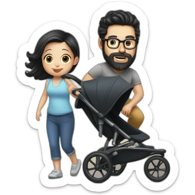 White man with Black hair,  beard and glasses pushing buggy with blonde baby sticker
