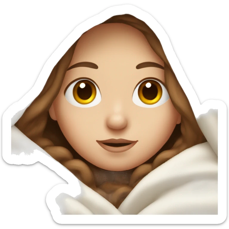 Pale Girl with brown hair  laying down cozy in a white blanket sticker