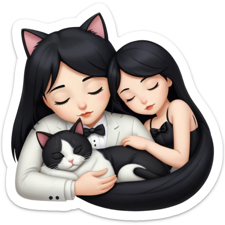 One beautiful long Black hair girl sleeping next to a tuxedo cat sticker