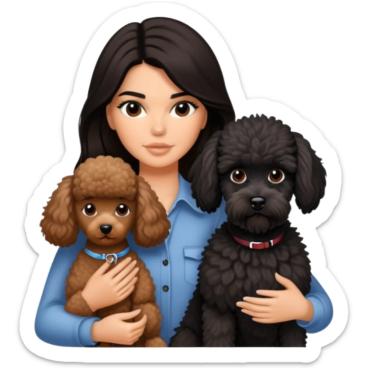 Kendall Jenner with long dark hair holding a brown poodle and a black schnauzer sticker
