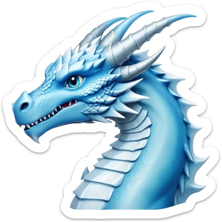 Cinematic Noble elegant Ice Dragon Portrait Emoji, Poised and imposing, distinct long elegant snout, with a slender, scaled body shimmering in glacial hues of icy blue, frostbitten silver, and crystalline white, breathing out frost, with piercing, glowing ice blue white eyes that radiate the chilling depths of an arctic storm; rendered in detail. sticker