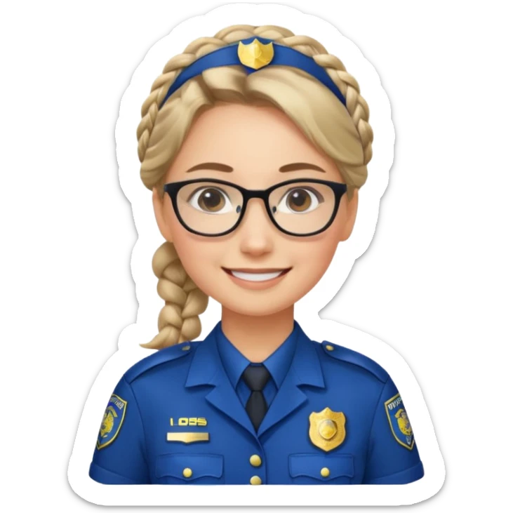 police officer woman with glasses, wearing uniform, braided hair sticker