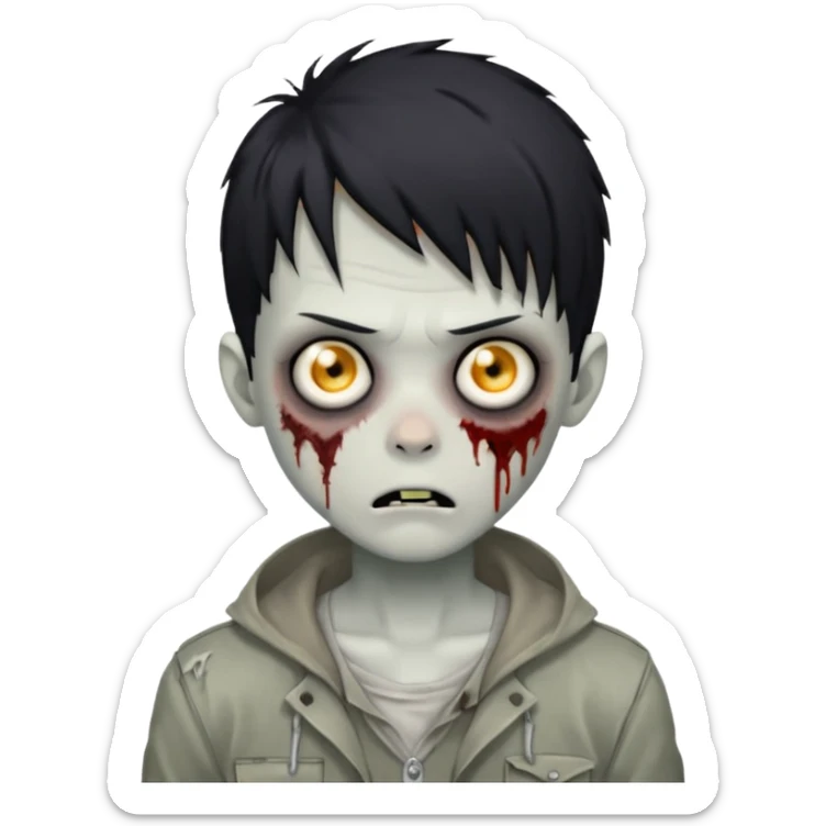 Faça um menino zombie, com cabelos preto igual de anime, com olhos cinza sticker