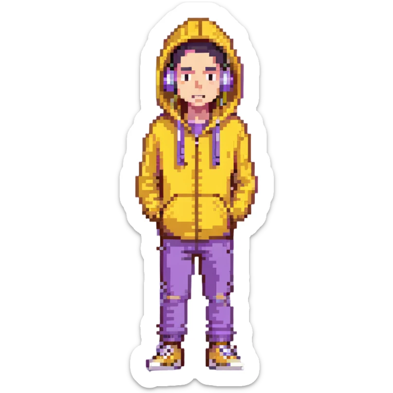full body man, yellow hoodie, earbuds, untrusting expression, quirky proportions, head to toe sticker