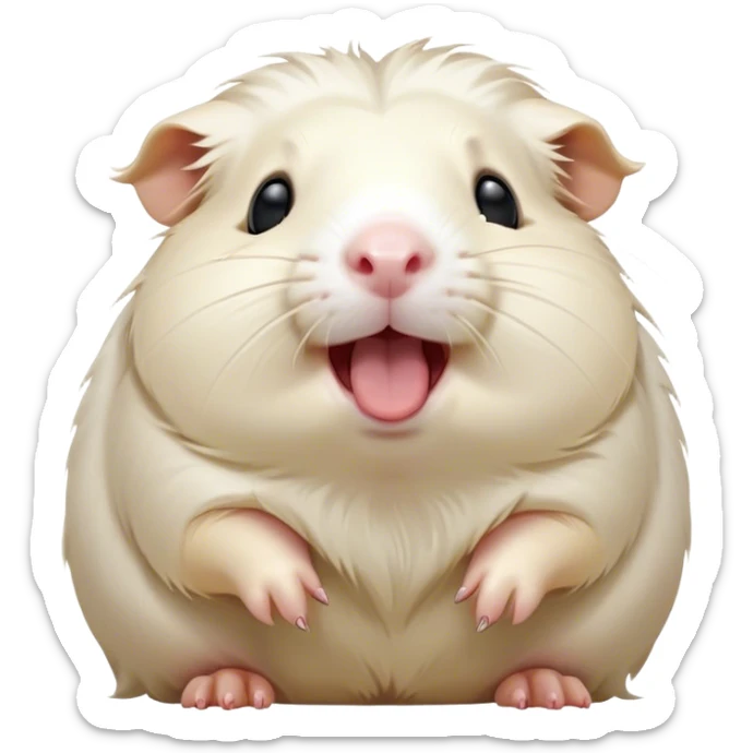 Cinematic Cute Yawning White Guinea Pig Portrait Emoji, Head tilted slightly with a dramatic, wide-open yawn, revealing a soft, downy white coat with tiny drooping ears, round dark eyes barely open in drowsy contentment, Simplified yet irresistibly adorable features, highly detailed, glowing with a soft, cozy glow, high shine, relaxed yet expressive, stylized with a touch of whimsy, bright and endearing, soft glowing outline, capturing the essence of a sleepy yet affectionate guinea pig, so drowsy it feels like it could stretch right out of the screen and curl up for a nap! sticker