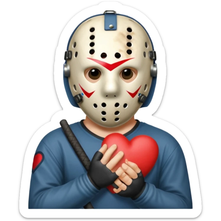 a cartoon image of Jason Voorhees, looking cute, with his hands clasped in front of him, at a sideways angle, looks like he is in love sticker