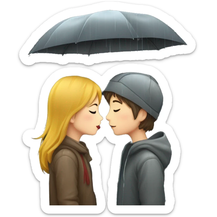 one girl one boy kiss in rain with dark background and trees sticker
