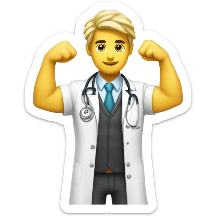 young male doctor flexing his bicep, yellow skin, using 2 colors: #ff9800 and #32b5a5 sticker