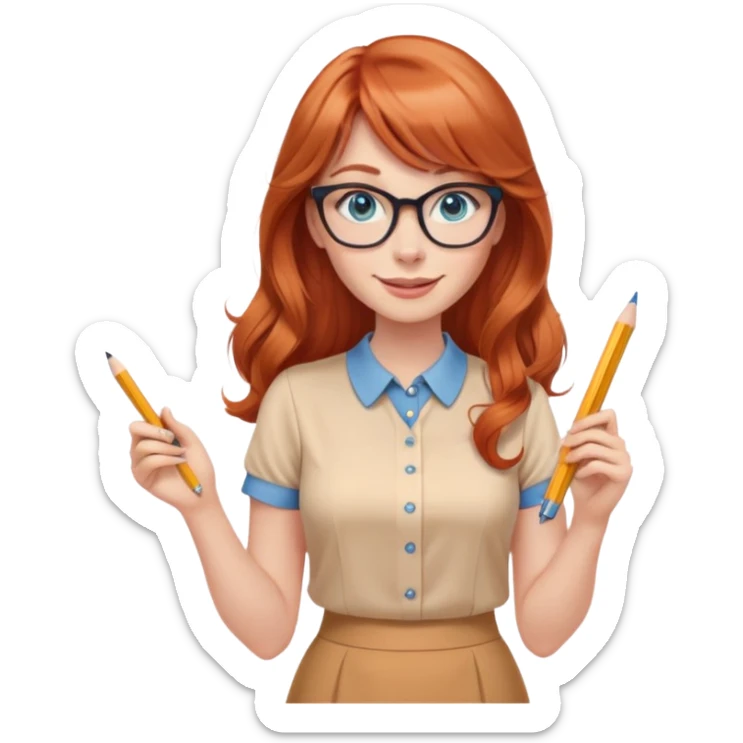 smiling redheaded woman with long wavy hair and bangs, blue eyes, cat-eye glasses, pencil skirt, apricot blouse, holding a pencil sticker