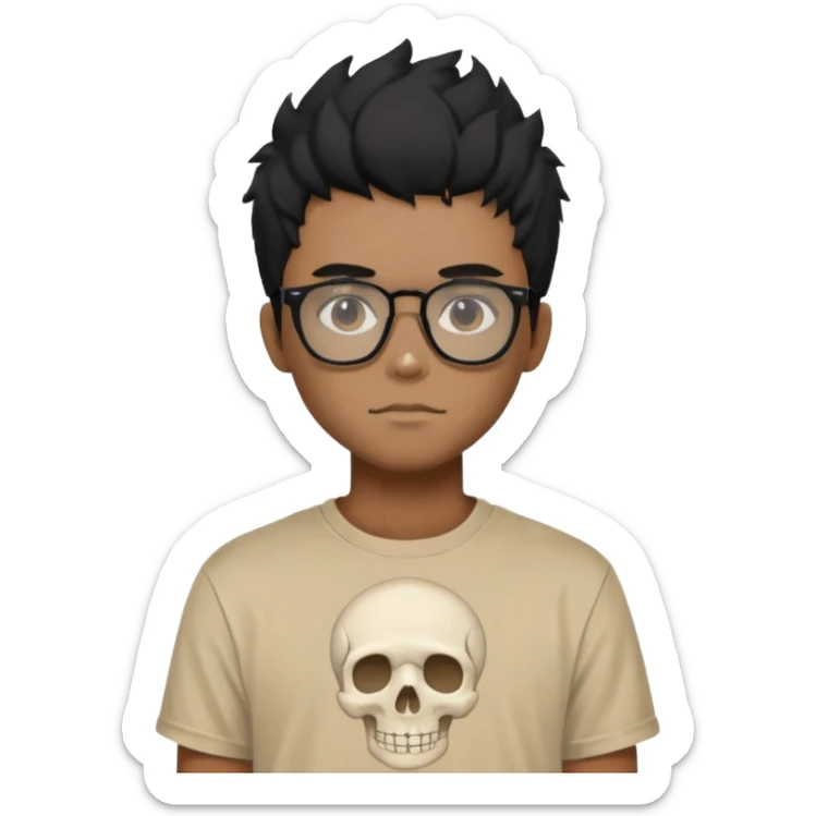black anime hair guy with skeleton makeup wearing a stussy tshirt with glasses sticker