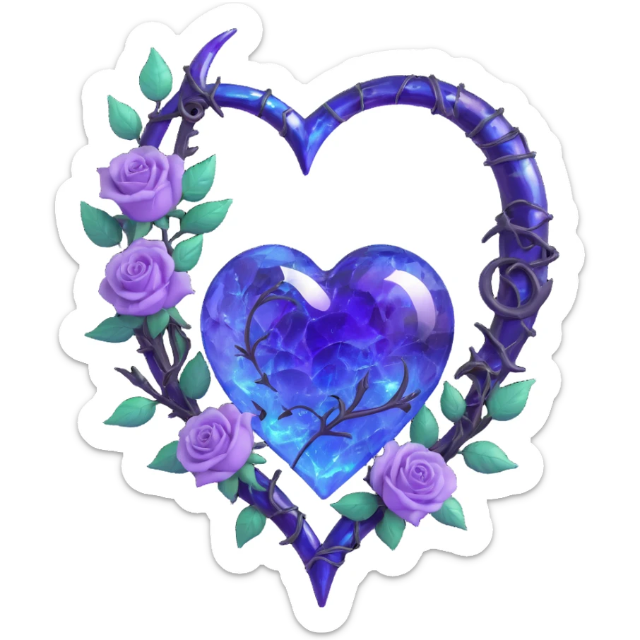 gothic heart made of iridescent lavender glass, silver crescent moon, glowing purple roses, holographic stardust, neon blue lightning, wet and cracked glass sticker