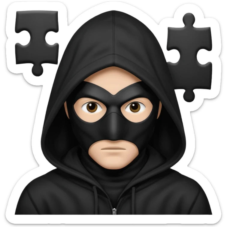 grayscale black mysterious masked hooded man with puzzle logo on hood sticker