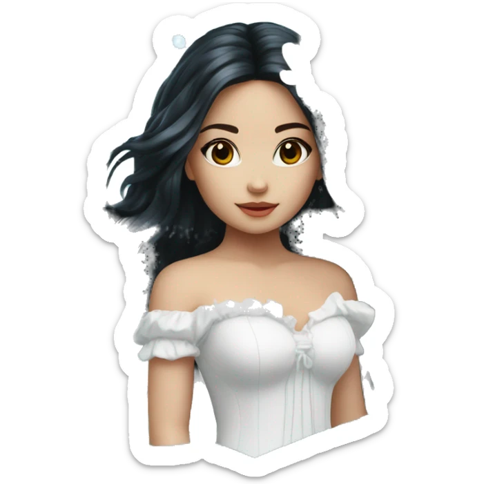 Pretty young Lady doll posing posed pose with long black hair flowers in hair white dress surrounded by flowing water sticker
