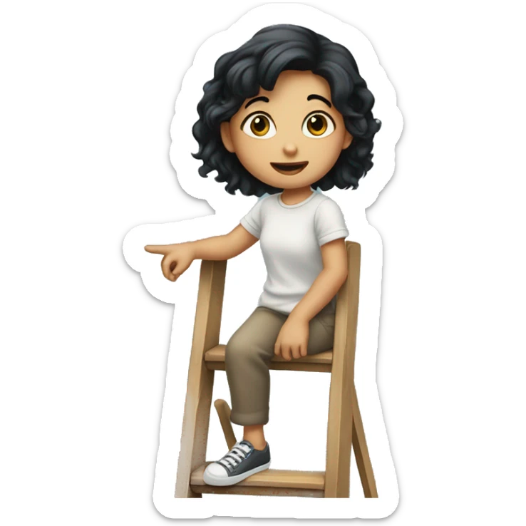 Small girl with black hair on ladder holding up finger sticker