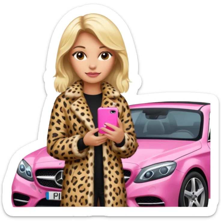 a blondie queen Arina in a leopard fur and pink iPhone on her mercedes sticker