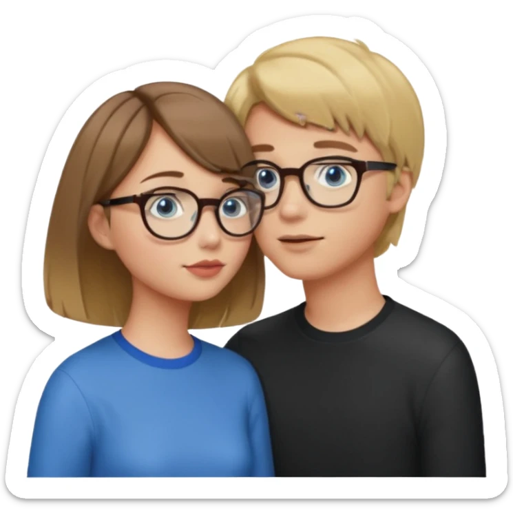 una ragazza con il caschetto marrone che bacia un ragazzo con i capelli biondi gli occhiali da vista e gli occhi azzurri sticker