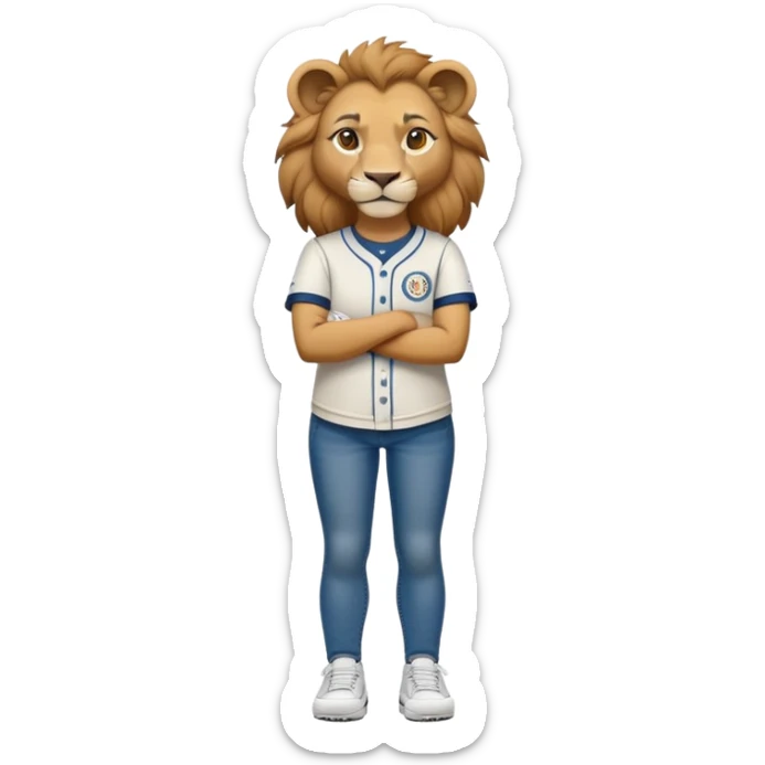 friendly anthropomorphised female lion wearing a baseball shirt, jeans, trainers, standing upright with arms folded, looking very determined sticker