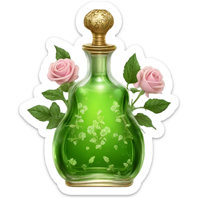Green magic sparkling old Antique oil perfume bottle with herbal and rose flowers sticker