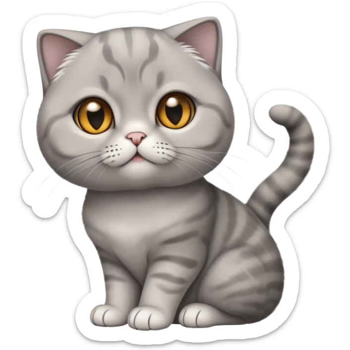  Cinematic-Scottish-Fold-Cat-Realistic-Full-Body-Sitting-Emoji – Tail curled playfully around its paws, head tilted dramatically, soft solid grey fur, signature folded ears adding to its distinctive charm, simplified yet realistic focused features, highly detailed, glowing with an almost sarcastic glow, round amber eyes radiating intelligence and mischief. sticker