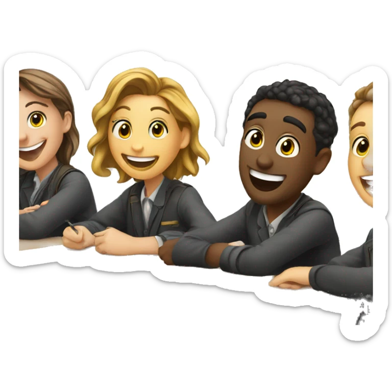 3 European students sitting at desk. They are laughing at lesson sticker