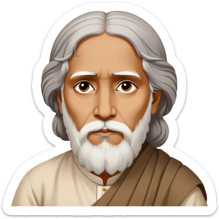Rabindranath Tagore – Cinematic Realistic Portrait of Rabindranath Tagore, depicted with thoughtful, soulful eyes and gentle features, dressed in traditional Bengali attire with subtle artistic motifs, bathed in warm, soft lighting that evokes his poetic genius and timeless wisdom. sticker