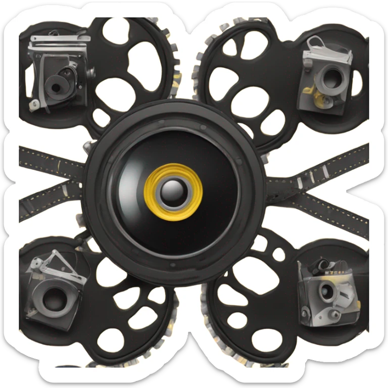A black and yellow film reel, and movie camera sticker