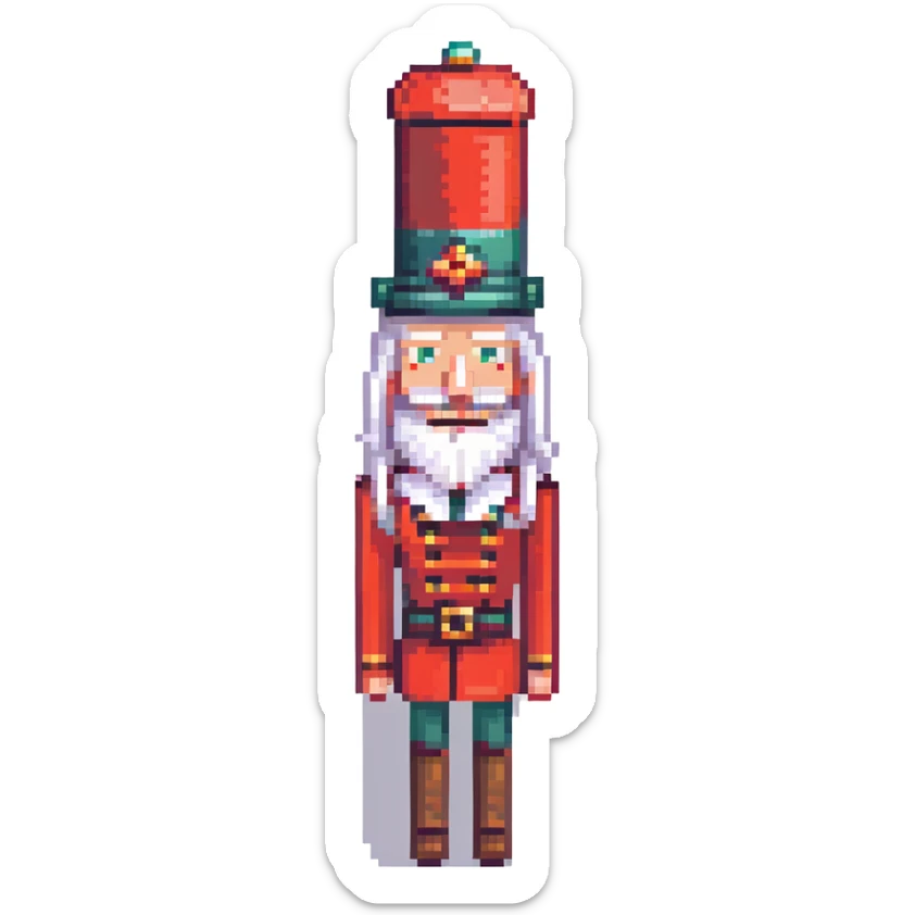 profile picture of a nutcracker toy, minimalist human, blocky and geometric, white hair, visible teeth, classic nutcracker hat sticker