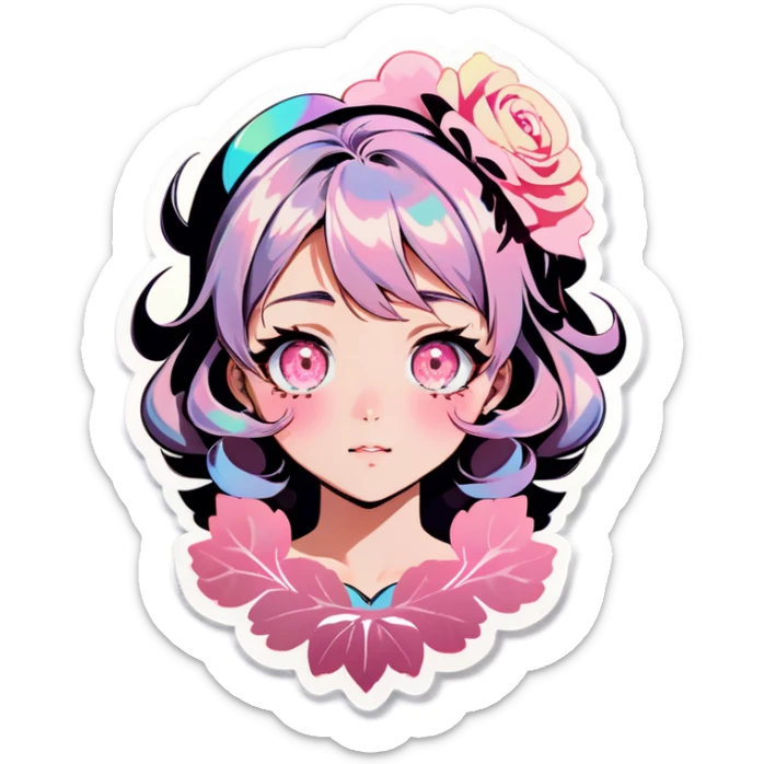 Gorgeous pastel shiny pearly colorful anime style lady with blushing face and roses leaves shiny aesthetic trending style sticker