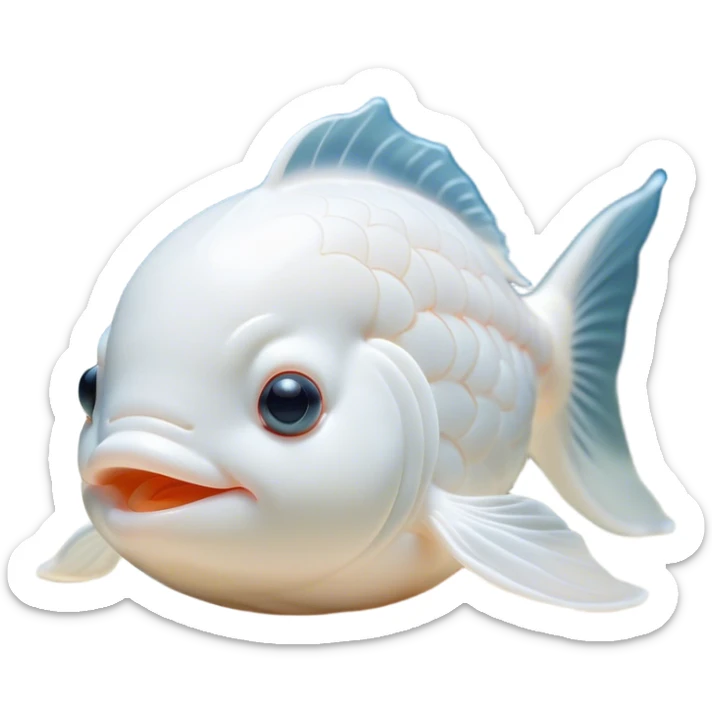 Meme-Worthy Cute Sleeping White Goldfish Portrait Emoji, Head resting peacefully with a contented smile, showcasing a streamlined, graceful body and a luxuriously soft pure white hue, eyes closed in a serene, floating nap, Simplified yet hilariously adorable features, highly detailed, glowing with a soft, drowsy light, high shine, relaxed and utterly lovable, stylized with an air of playful laziness, bright and heartwarming, soft glowing outline, capturing the essence of a comically sleepy goldfish, so meme-worthy it feels like it could instantly become the next viral sensation of adorable slumber! sticker