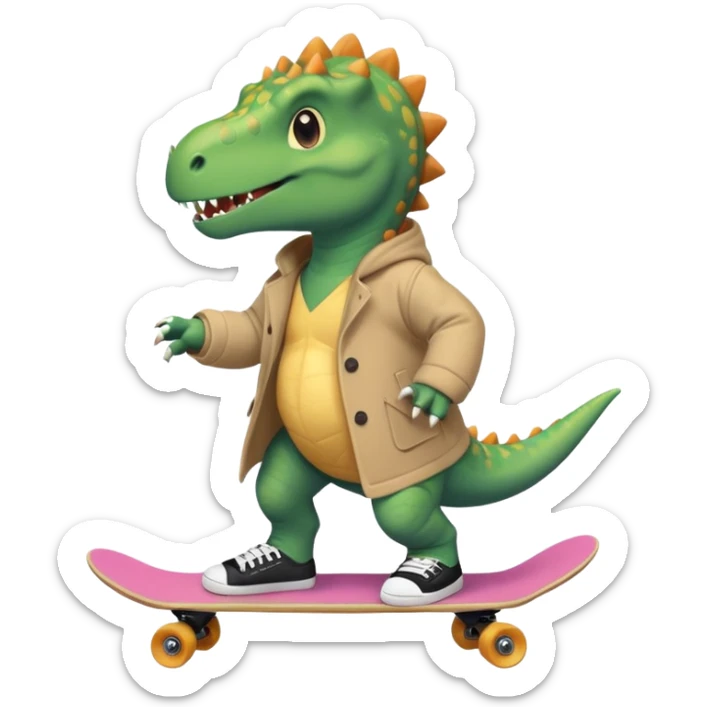 a dinosaur on a skateboard wearing a coat with sneakers in the bottom a cute pokie hairball on the top sticker