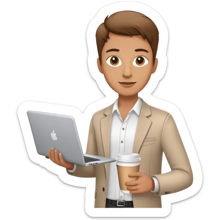 business owner confidently, holding a closed laptop in one hand and a takeaway coffee cup in the other. The character wears casual-smart clothes. sticker