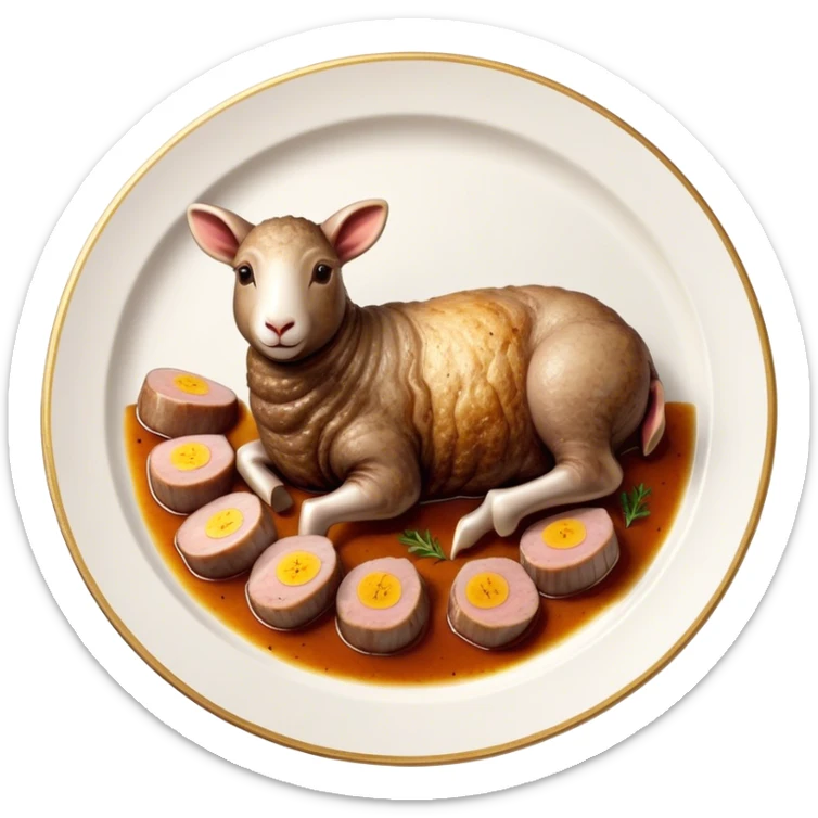 Roast Lamb Cinematic Realistic Roast Lamb Dish Emoji, depicted as thinly sliced roast lamb arranged artfully on a plate, rendered with rich textures and warm, inviting lighting. sticker