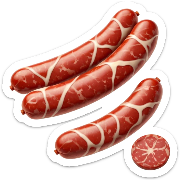 short cured sausage with dusty white casing, sliced at one end to show marbled red meat and fat, a few round slices beside it, no extras, soft lighting, subtle shadows, emoji scale sticker