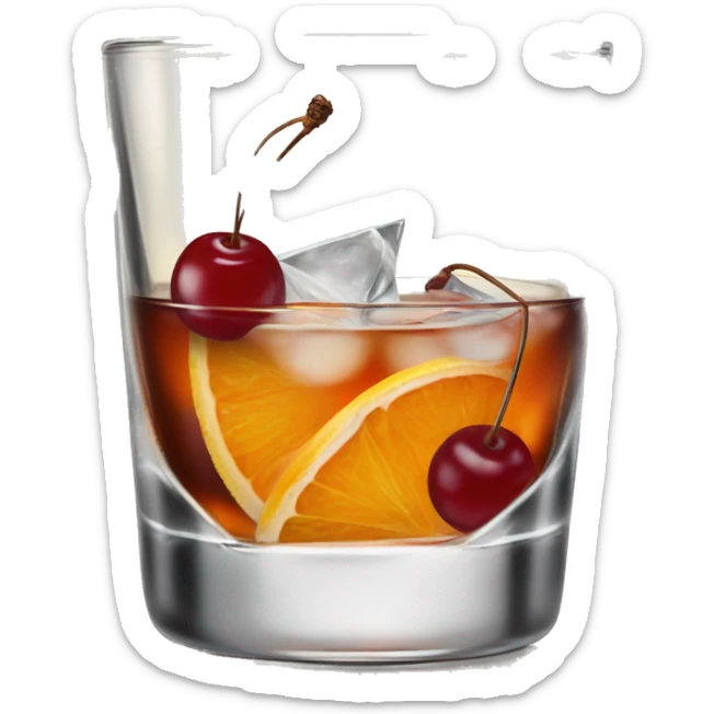 Old fashioned cocktail in an old fashioned glass with an orange twist and a cherry sticker