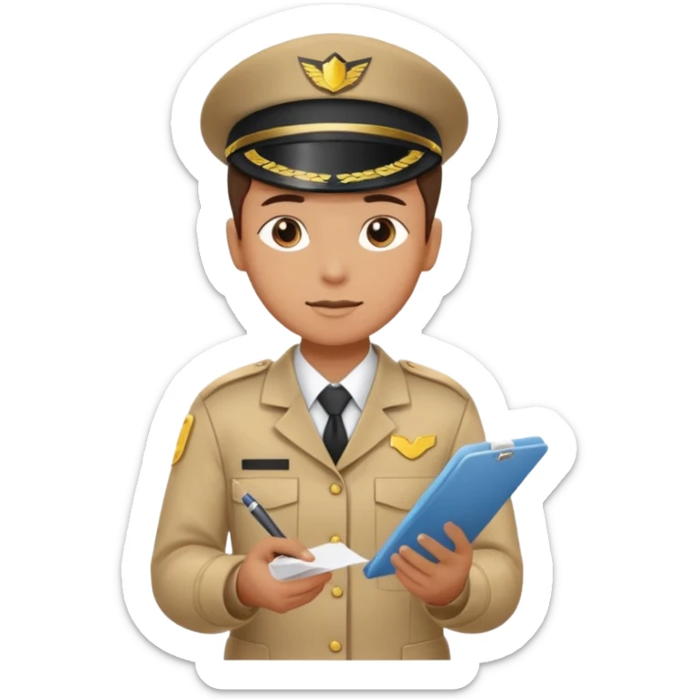 create a realistic emoji of a packaging station person with a protocol in his hand writing something down. sticker