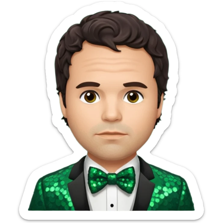 Mark Ruffalo with dark brown hair, dark green sequin suit with bow tie sticker