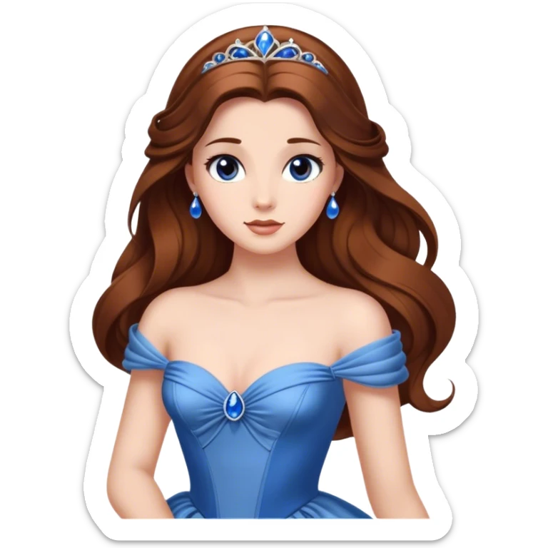 Cinematic Elegant Belle Portrait Emoji, rendered in a realistic, vector-style with minimal shading and bold, simplified shapes. Depict Belle (chest and above) with fair, luminous skin, deep brown expressive eyes, and long, flowing chestnut hair styled elegantly, wearing her classic blue ball gown. The image glows with a soft, warm radiance and high shine, capturing timeless refined beauty. sticker