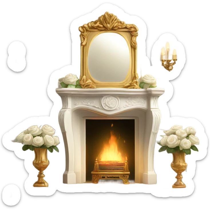 Elegant white fireplace with ornate carvings, a gold-framed mirror above it, and a vase with white roses on top. sticker