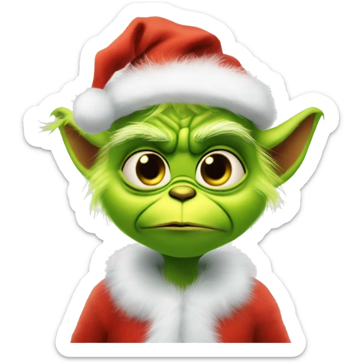 Soft cuddly baby grinch like character with cute expression fuzzy costume and Santa hat sticker