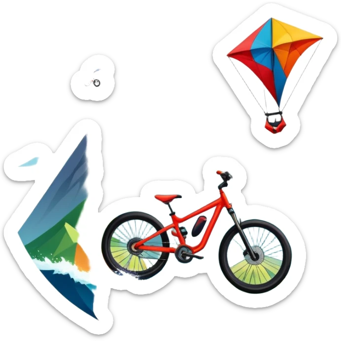 An emblem-style design representing extreme sports and lifestyle, featuring symbols of adventure such as a mountain, a sea, a kite, and a bike. The design is bold and dynamic, with sharp lines and energetic colors, capturing the essence of thrill, freedom, and adrenaline. sticker
