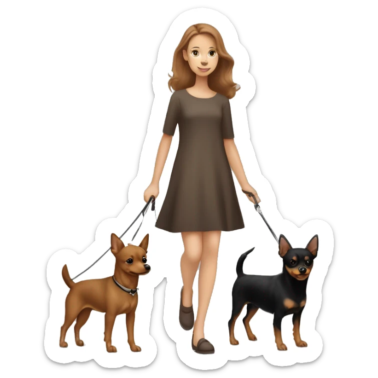 A light brown haired girl, walking one mini black and tan miniature Pinscher and one bigger, fluffy & light brown Spitz on the lead sticker