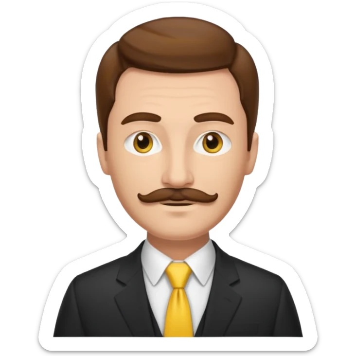 ["Fair-skinned man with brown hair and thin moustache, wearing a suit and yellow tie."] sticker