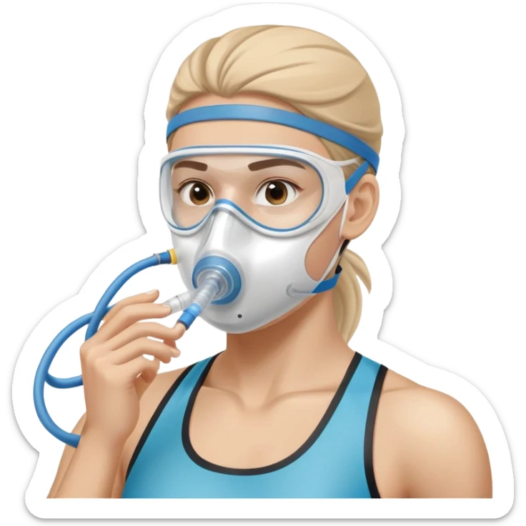Athlete wearing VO2 max testing mask covering nose and mouth, with tubing connected to measurement equipment sticker