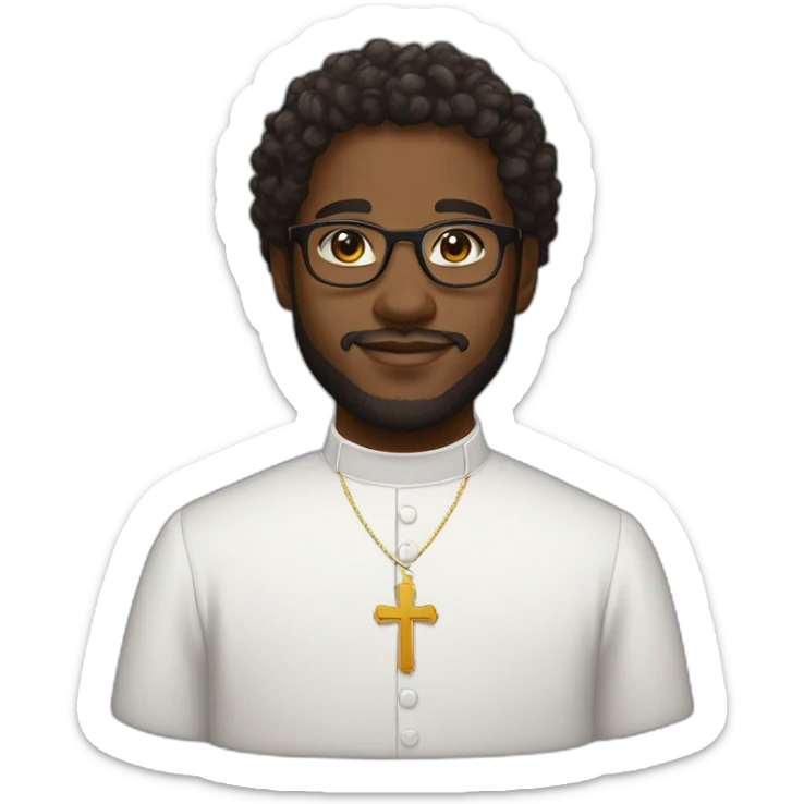 young black catholic priest beard, curly hair, with rounded glasses and clerygman sticker