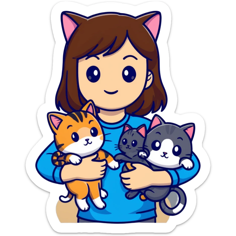 tan brown-haired girl holding two cats, one black cat and one grey-striped cat sticker
