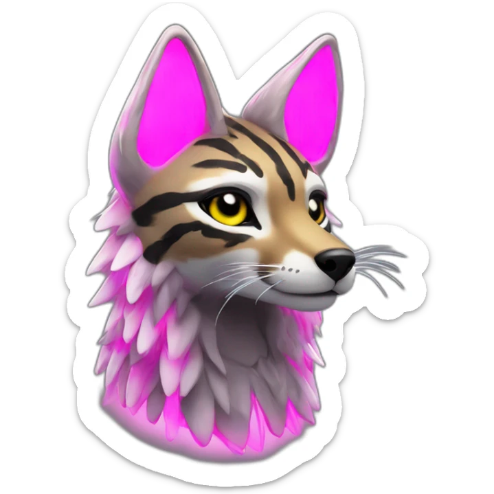 Coyote ocelot with grey and black fur and phoenix wings and pink ears half skeleton, neon lights sticker