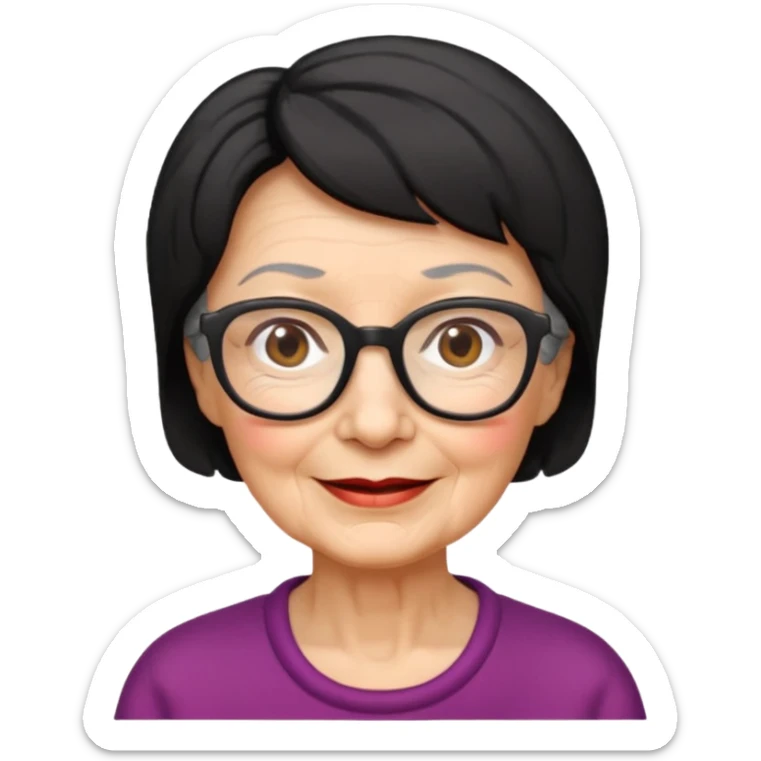 elderly woman with wrinkles, glasses, short black hair, friendly expression, Apple emoji style sticker